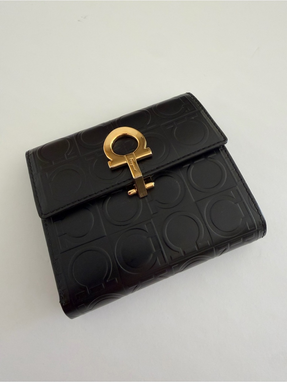 Salvatore Ferragamo Black Embossed Gancini Leather Wallet with Gold Hardware